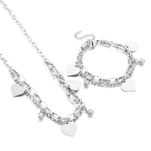 Minimalist double-layered stainless steel necklace and bracelet set with heart charms