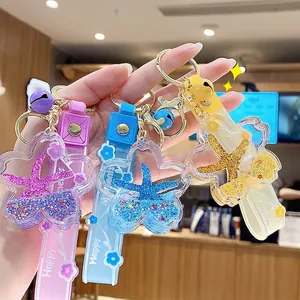 Cherry Blossom Quicksand Keychain Floating Starfish Liquid Oil Acrylic Keyring With Silicone Strap Bell Cute Gift