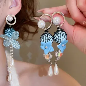 Blue Fabric Flower Dangle Earrings With 925 Sterling Silver Earring Post Iridescent Zircon And Faux Artificial Pearl Elegance