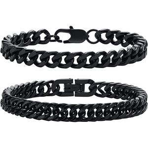 Deux bracelets chaîne cubaine noire en acier inoxydable style punk avec fermoirs variés