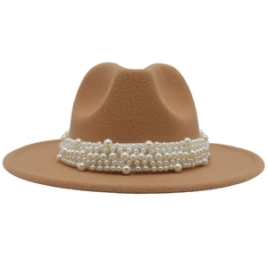 Close-up of khaki wool fedora hat featuring multi-layered faux pearl bead decoration