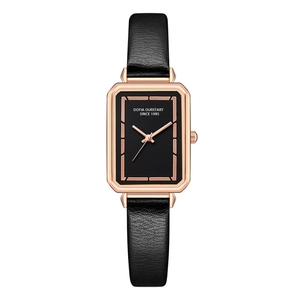 Elegant vintage rectangular women quartz watch with black leather strap and rose gold case