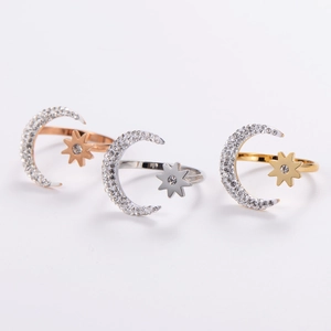 Open Adjustable Ring 304 Stainless Steel Minimalist Star Moon Fish Tail Zircon Inlaid Fashion Jewelry For Women