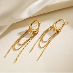 18K gold plated stainless steel fringe tassel earrings with irregular oval design