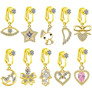 Bijou de Nombril Sans Perçage en Alliage de Strass Exquis pour Femme Or Argent Coeur Mauvais Oeil Main de Fatma Lune Oiseau Lapin Aile Clip Nombril Bijoux de Corps