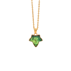 Elegant gold necklace featuring a green gradient maple leaf pendant on white background