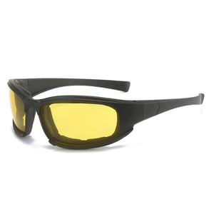 Detail of yellow night vision lenses and streamlined black frame for sports cycling glasses