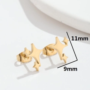 Minimalist gold star stud earrings in stainless steel, measuring 11mm by 9mm