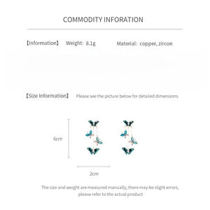 Spécifications des boucles d'oreilles papillon en zircon montrant taille 6cm et détails