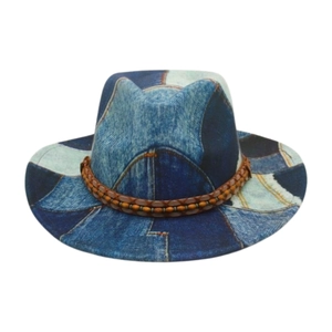 Wide brim patchwork denim sun hat with boho bead band decoration and frayed edges
