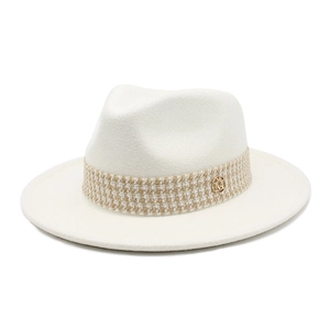 Retro Off White Fedora Hat Wide Brim Felt Jazz Cap With Woven Band And Metal Badge For Women Men