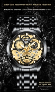Macro view of skeleton mechanical watch dial with gold gears and black steel strap