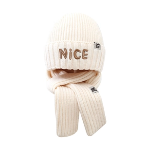 Winter knit hat and scarf set in beige with NICE embroidery for children and teens