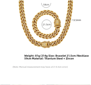 Detail view of gold titanium steel iced-out Cuban link chain set with weight and dimensions