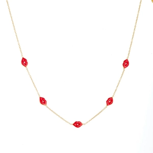 Minimalist gold-plated stainless steel necklace featuring five vibrant red enamel lip pendants