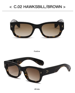 Detailed front and side views of tortoiseshell rectangle sunglasses with silver arrow rivets