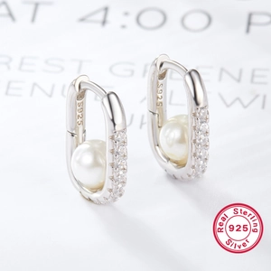 S925 Sterling Silver square earrings with round pearl and pave zircon stones