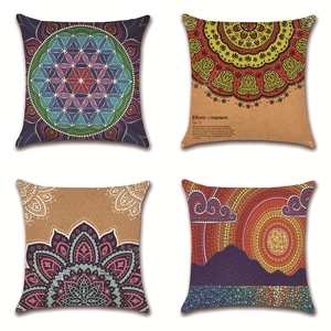 Set of four linen throw pillow covers with geometric mandala and abstract ethnic patterns
