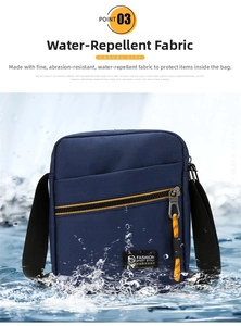Close-up of waterproof dark blue nylon crossbody bag showing water splashes and texture