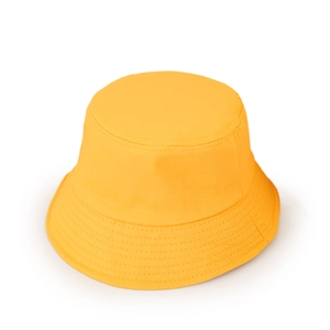 Detailed view of yellow cotton canvas bucket hat with reinforced brim stitching and flat top