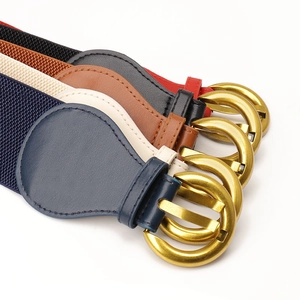 Elastic waist belts for women in black, brown, beige, and navy with gold double ring buckles