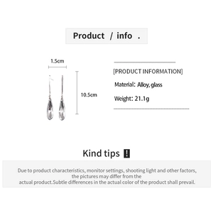 Detailed size chart for glass teardrop earrings showing 10.5cm length and alloy material
