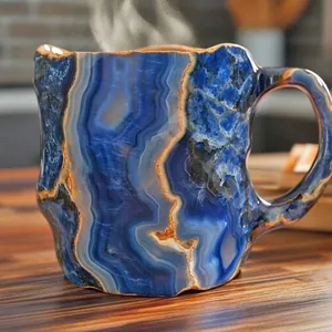 Close-up of a blue agate geode texture on a creative mineral crystal coffee mug