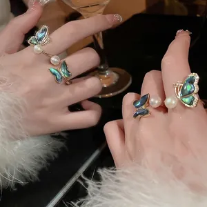 Butterfly Artificial Pearl Open Ring Zircon Copper Abalone Shell Inlaid Adjustable Finger Jewelry For Women Elegant Party Accessory