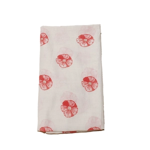 Detail shot of lightweight floral scarf with vibrant red hand-painted flower patterns