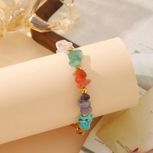 Elegant irregular colorful gemstone and gold bead stainless steel bracelet for women