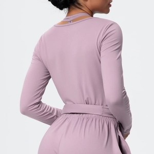 Morandi pink yoga long sleeve set with a waist tie design from a back view perspective