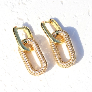 18K gold plated copper earrings with zircon pavé hollow chain link design for women