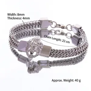 Men's hip hop lion head bracelet in silver stainless steel with 8mm thick woven chain