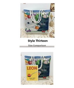 Size contrast of a blue and white jacquard tote bag with cat illustrations and rope handles