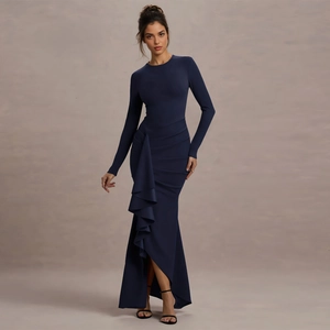 Elegant Long Sleeve Slim Fit Maxi Dress With Ruffle Detail Polyester Spandex Evening Party Fishtail Hem