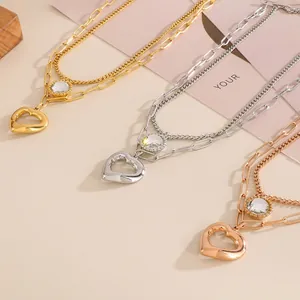 Collana A Doppio Strato In Acciaio Inossidabile Ciondolo A Cuore Catena A Graffetta Charm Cristallo Rotondo Gioielli Chic