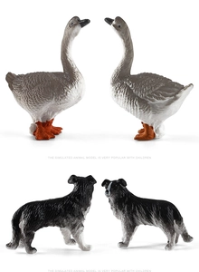 Detailed macro view of realistic goose and border collie animal figurines for kids
