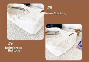 Close-up of reinforced stitching and durable base on a white corduroy tote bag