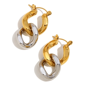 Two-tone 18K gold and silver interlocking chain link earrings in polished stainless steel