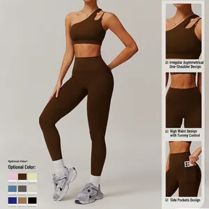 Ensemble de yoga pour femme avec brassière asymétrique et legging taille haute à poches