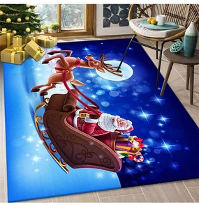 Detailed view of a Santa and reindeer Christmas doormat on a cozy wooden floor setting
