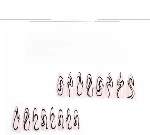 Detailed set of 24 long almond press-on nails with pink base and black wave patterns
