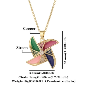 Detailed view of colorful copper windmill pendant with cubic zirconia and 31mm size info