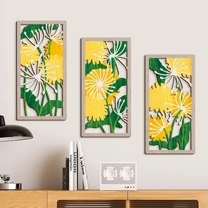 Lot de 3 décorations murales en bois évidé motif pissenlit avec fleurs et feuilles