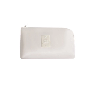 Portable beige waterproof travel cable organizer bag with zipper and travel icon label