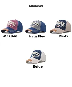 Detail showing vintage washed baseball caps in wine red, navy, khaki, and beige colors