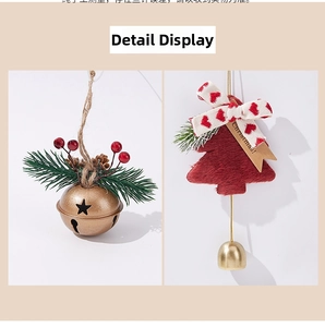 Detail of vintage gold bell with pine needles and red plush Christmas tree hanging decor