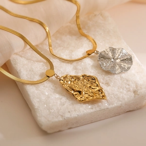 Minimalist geometric pendant necklace in gold and silver finish with flat snake chain