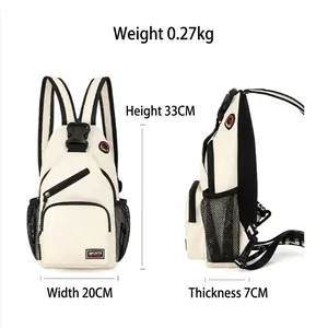 Modern white oxford cloth chest bag with black adjustable straps and side mesh pocket