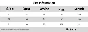 Detailed size guide table for women's mesh maxi dress showing measurements from S to L